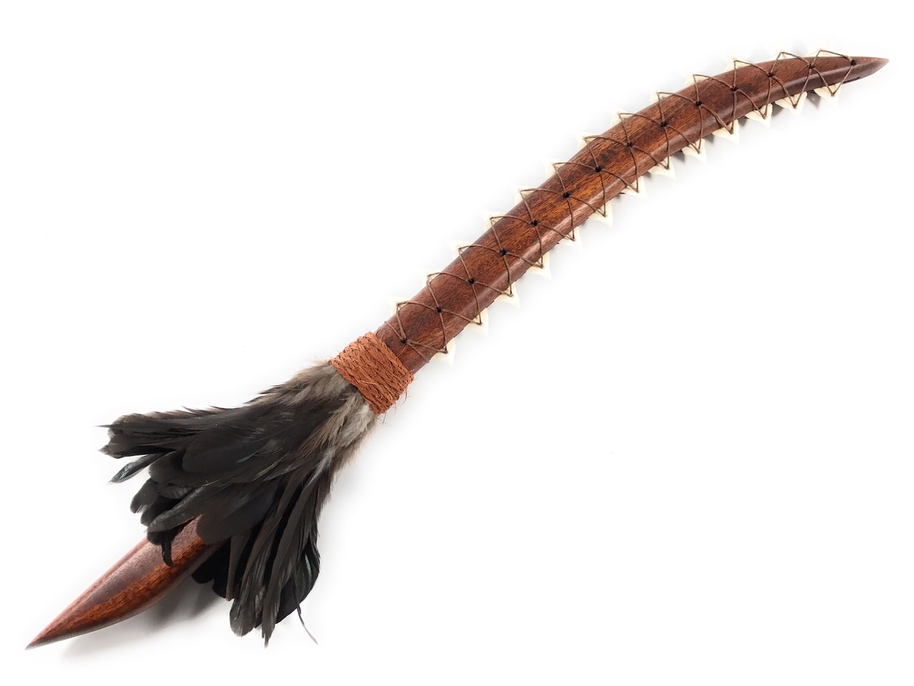 Hawaiian Koa Ceremony Artifact 25 in Black Feathers with 26 Teeth - | #koa4157bl Hawaiian Koa Ceremony Artifact 25 in Black Feathers with 26 Teeth - | #koa4157bl